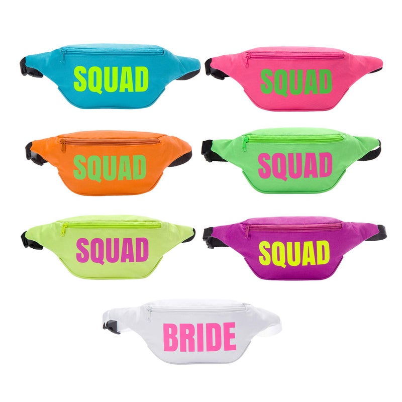 Pop Fizz Designs Bachelorette 80s Fanny Pack Set | 7 Pack | 1 Bride Fanny Pack and 6 Squad Fanny Packs | Bachelorette Party Favors - Image 1